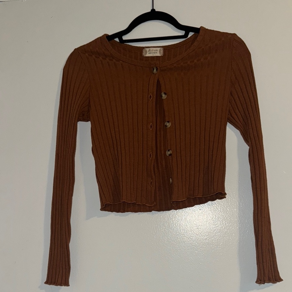 Brown Ribbed Button-Up Cardigan
